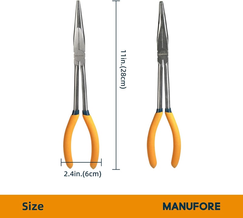 MANUFORE 5-Piece 11-Inch Long Nose Pliers Set- Straight, 45° and 90° Bent, Circle Nose and Diagonal Pliers-Premium Carbon Steel & CR-V, Long Reach for Electronics, Automotive and DIY - Image 3